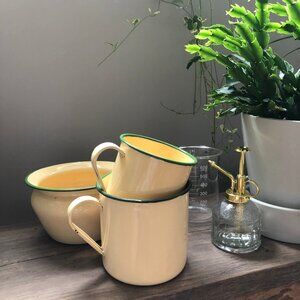 3 PCS VTG Enamelware Tin Cups and Pot Yellow Cream Green Trim